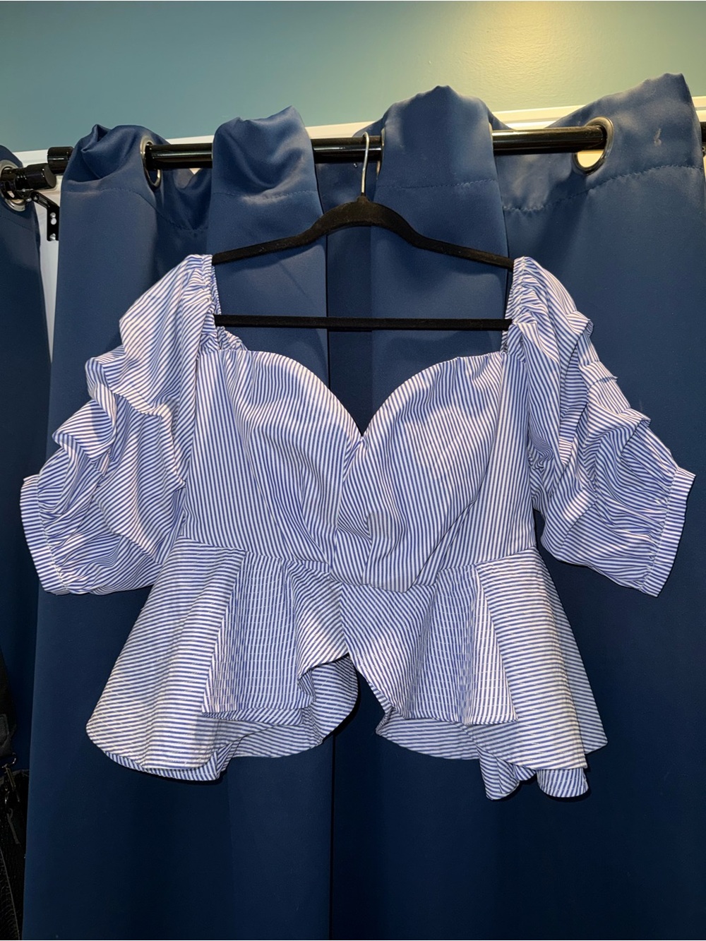 Blue & White Striped Off-Shoulder Ruffle Peplum Blouse
